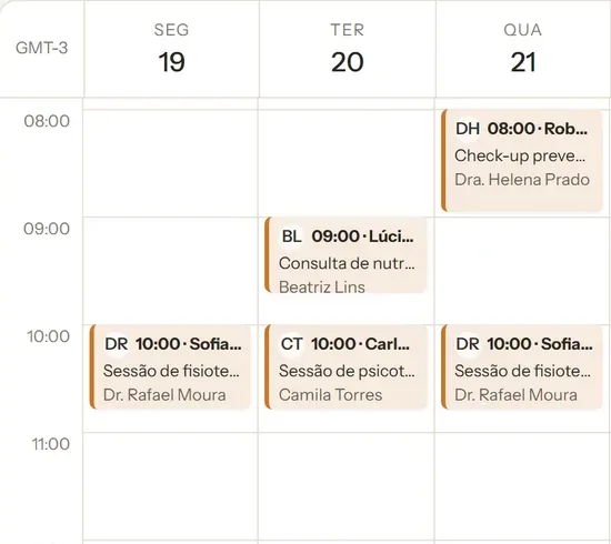 Agenda da semana no painel da Automanexia, com as consultas de uma clínica de demonstração. Dados fictícios.
