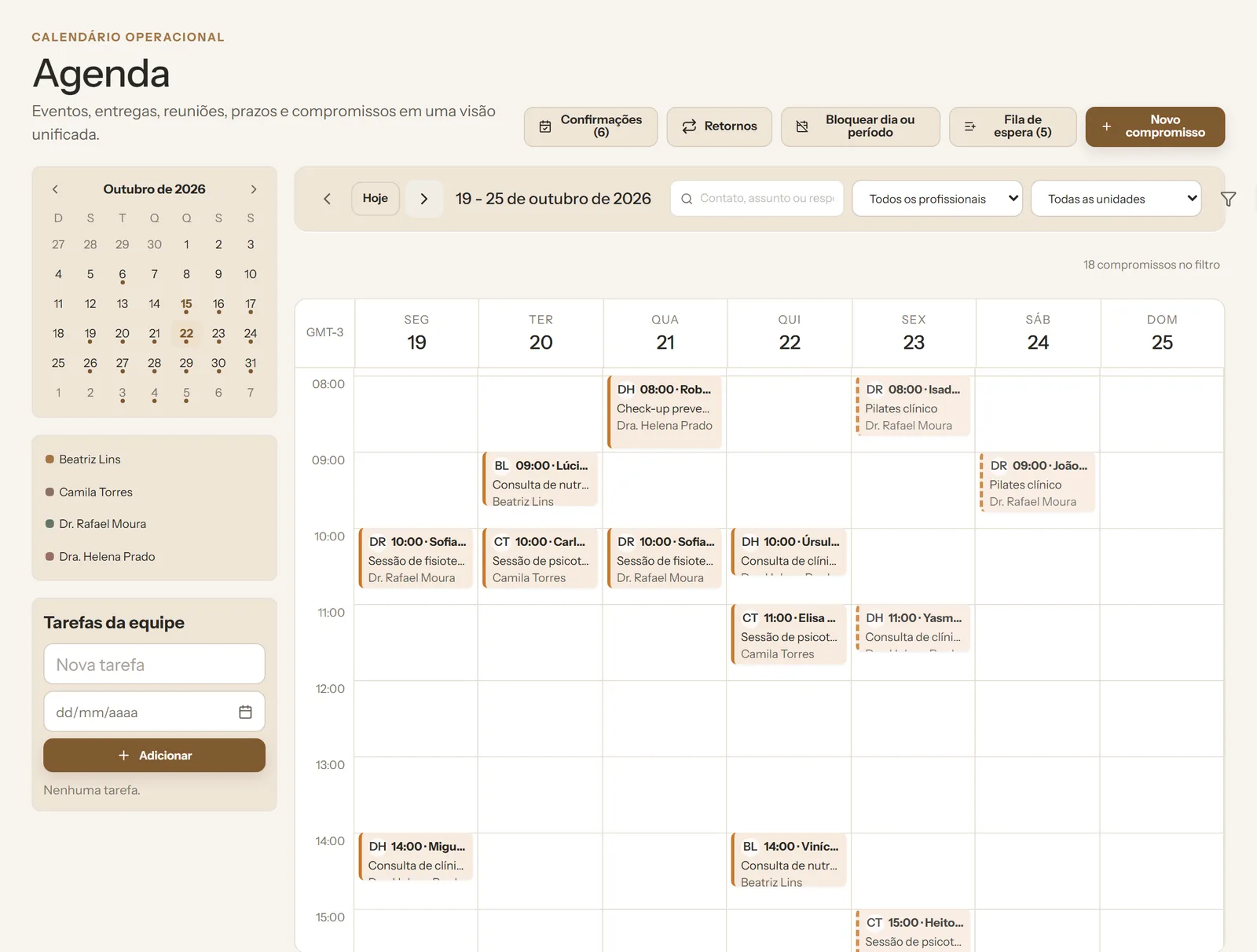 Agenda da semana no painel, com as consultas de uma clínica de demonstração. Dados fictícios.