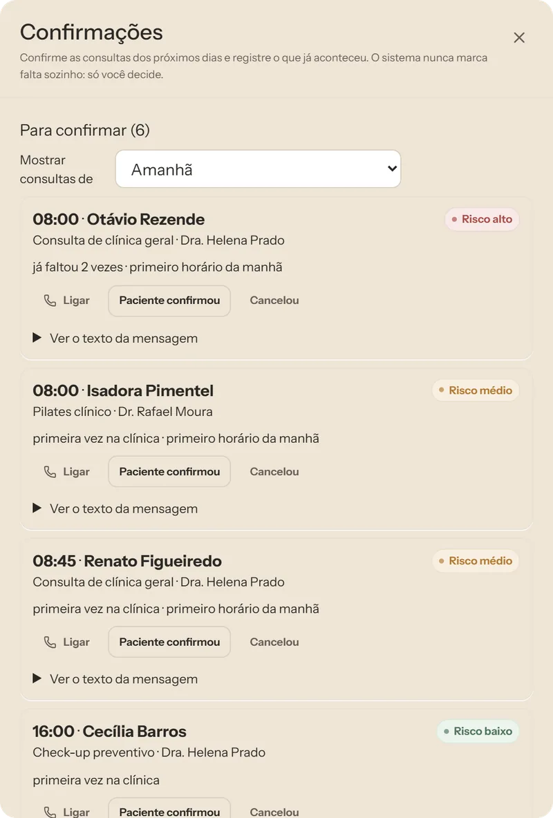 Janela Confirmações da agenda, com o risco de falta de cada consulta e o motivo escrito. Dados fictícios.