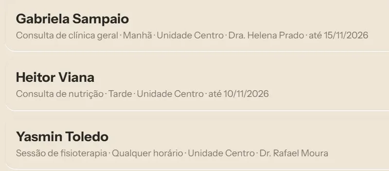 Fila de espera com o serviço, o período do dia e a data-limite de cada pessoa. Dados fictícios.