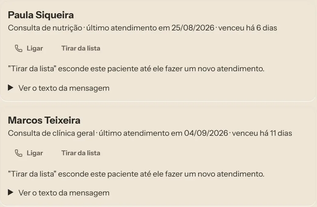 Janela Retornos com os pacientes que passaram do prazo de retorno do serviço e o botão de ligar. Dados fictícios.